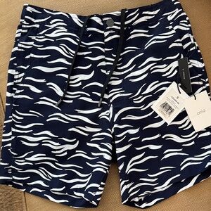 Onia Men's Swim Shorts in Navy and White Wave Pattern